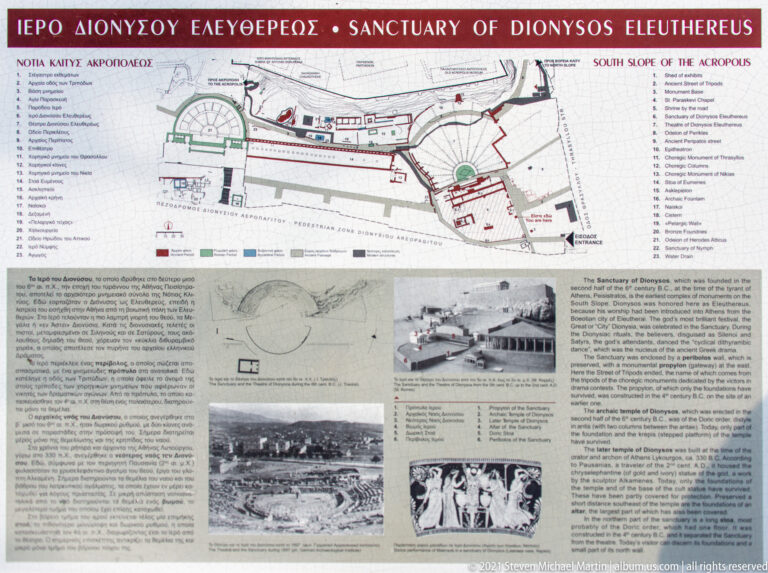 Interpretive panel with maps, drawings, photographs, and text for the Sanctuary of Dionysos Eleuthereus on the Acropolis south slope.