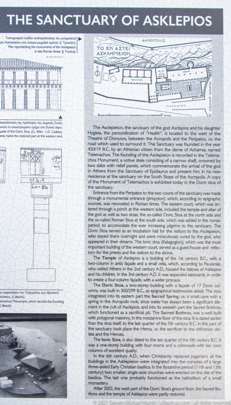 Interpretive panel with architectural drawings, site plan, historic photograph, and text for the Sanctuary of Asklepios.