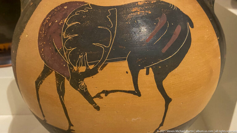 Black-figure wild boar with lowered head, bristling back, tusk, and heavy body on an orange ceramic ground.