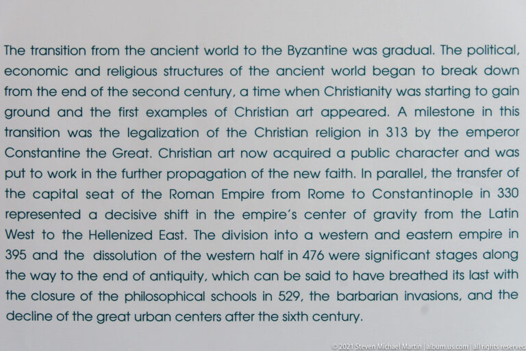 English museum wall text describing the transition from the ancient world to Byzantium and the rise of Christianity.