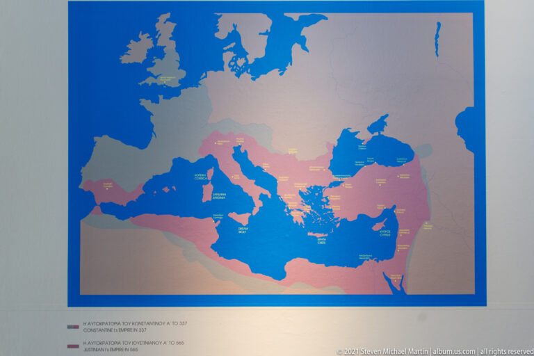 Museum wall map of Europe, North Africa, and the Mediterranean with territories marked in contrasting colors.