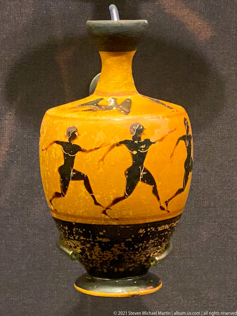 Attic red-figure column krater by the Göttingen Painter, 500–490 BC, with an erotic multi-figure scene.