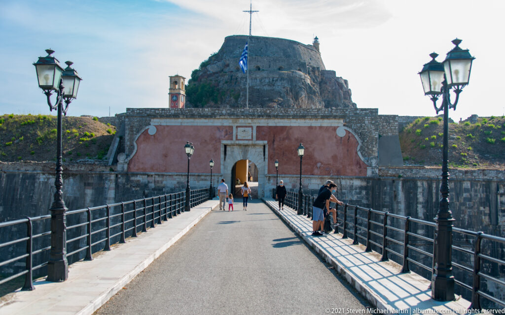 Bridge crossing the Contrafossa sea ditch to the arched main entrance of Corfu’s Old Fortress.