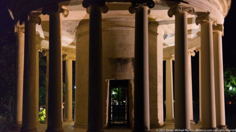 Ionic columns of the Maitland Rotunda framing a gated entrance into the cylindrical core above the historic cistern.
