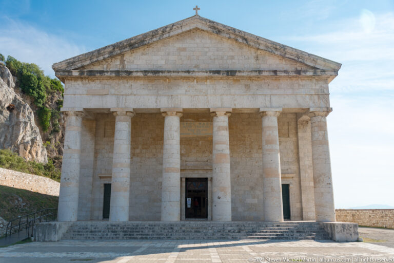 Temple-front Church of Saint George in the Old Fortress, with six Doric columns and triangular pediment.