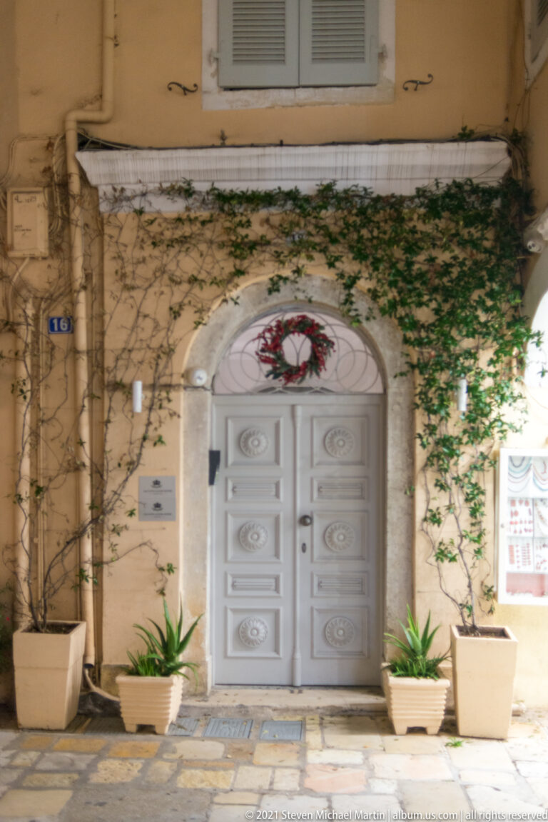 Pale paneled double door in a carved stone surround, with ornamental fanlight, climbing vines, and planters.