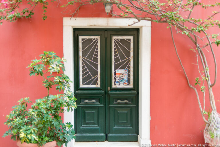 Dark green double door with geometric window grilles in a red wall, partly framed by leafy shrubs and climbing branches.