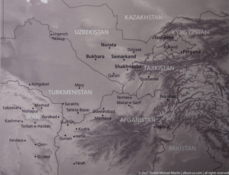 Grayscale map of Central Asia labeled with countries and historic cities including Bukhara, Samarkand, Herat, and Kabul.
