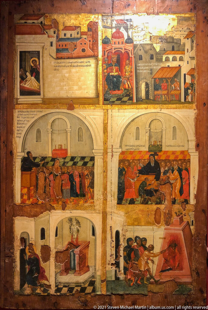 Multi-register narrative icon with small sacred scenes arranged in cityscapes, arcades, and interior compartments.