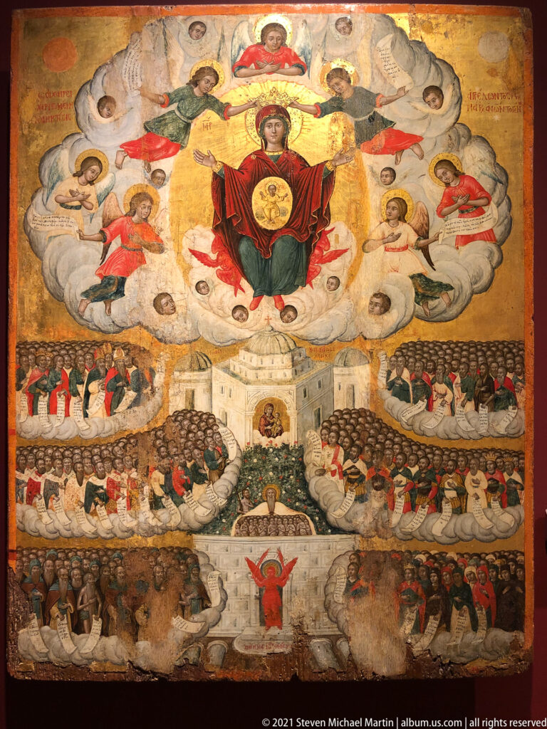 Last Judgment icon with enthroned Virgin and angels above rows of souls and scenes of punishment below.