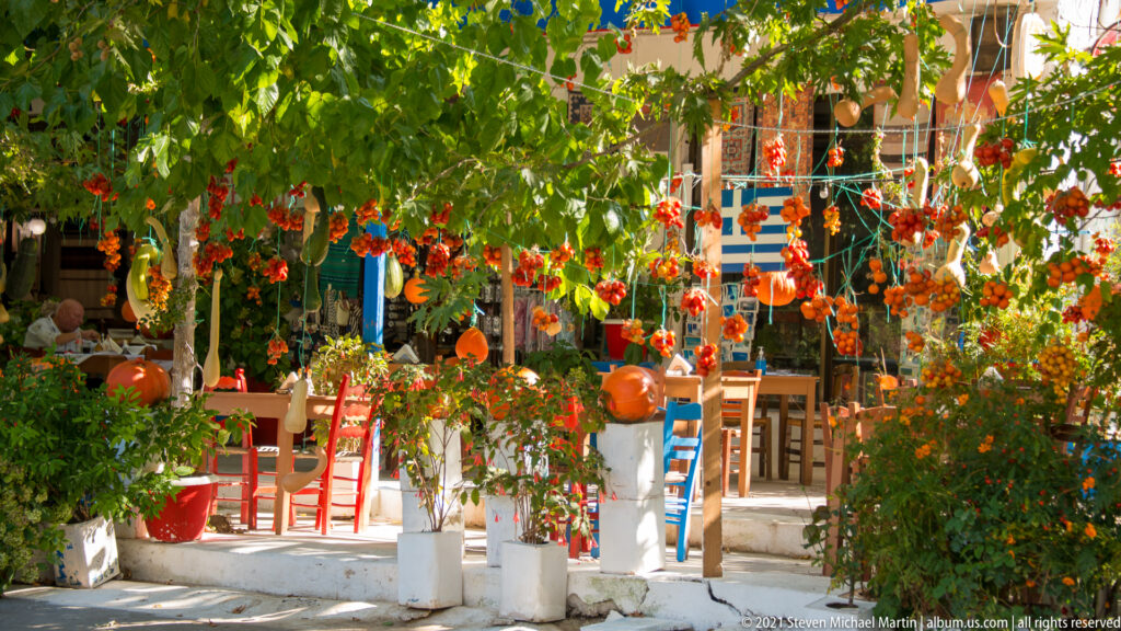 Vine-shaded Cretan taverna courtyard filled with red-orange flowers, terracotta pots, whitewashed walls, and colorful wooden chairs.