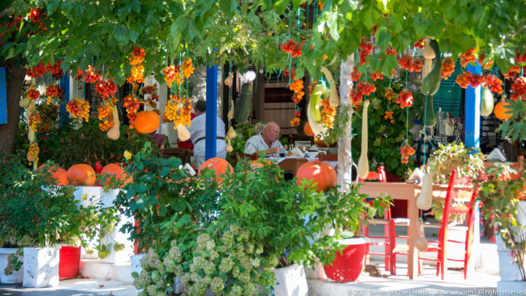 Shaded Cretan taverna terrace crowded with flowers, hanging gourds, potted plants, wooden chairs, and seated diners.