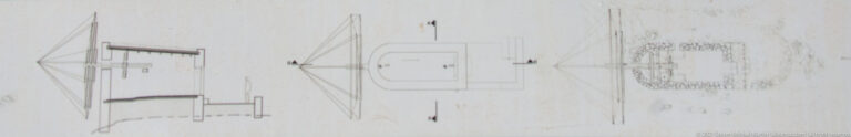 Faded architectural drawing of a traditional windmill with elevation, section lines, dimensions, and sail assembly.