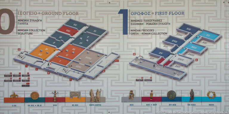 Color-coded floor plans and chronological gallery guide for the Heraklion Archaeological Museum.