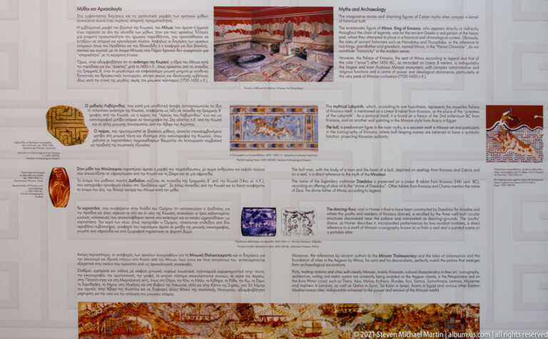 Large museum interpretation panel with bilingual text, artifact photographs, fresco reproductions, and archaeological illustrations.