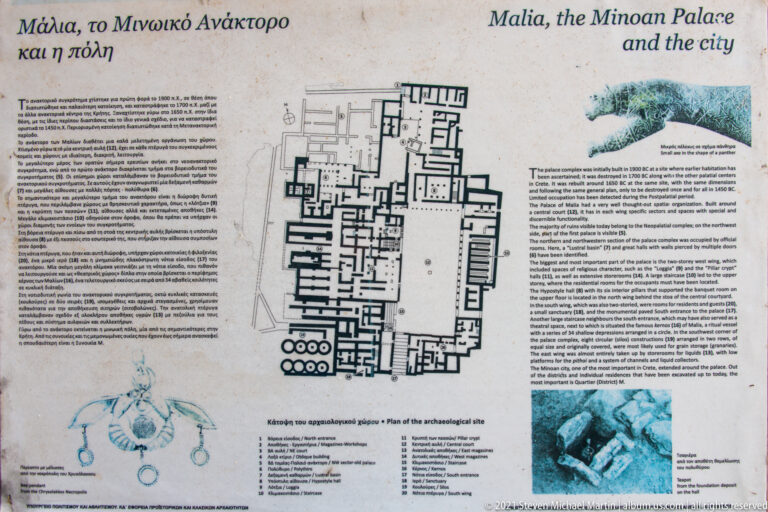 Interpretive panel with a palace plan, explanatory text, and small archaeological illustrations at the Malia site.