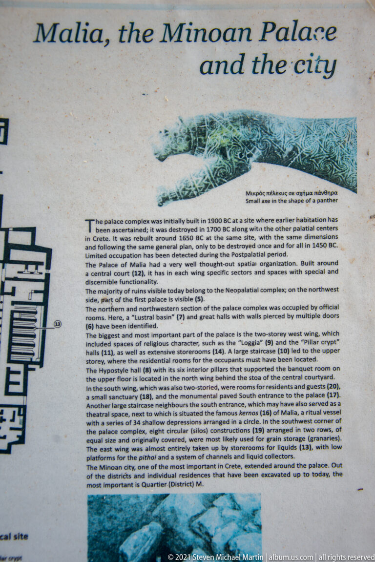 Close view of an English interpretive panel titled “Malia, the Minoan Palace and the city,” with part of a site plan.