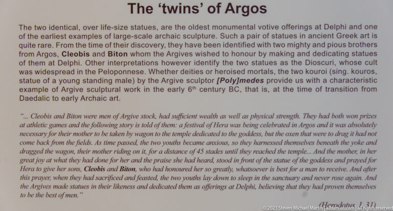 English museum panel titled “The ‘twins’ of Argos,” discussing Cleobis and Biton, the Dioscuri, and Herodotus.