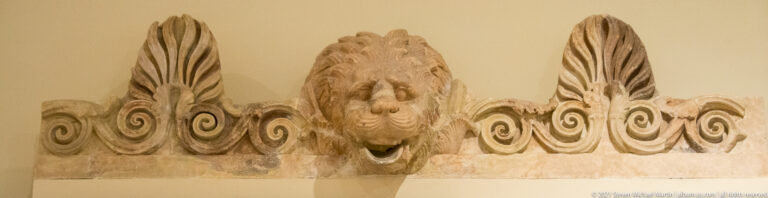 Carved stone lion-head waterspout centered between upright palmettes and spiral volutes.