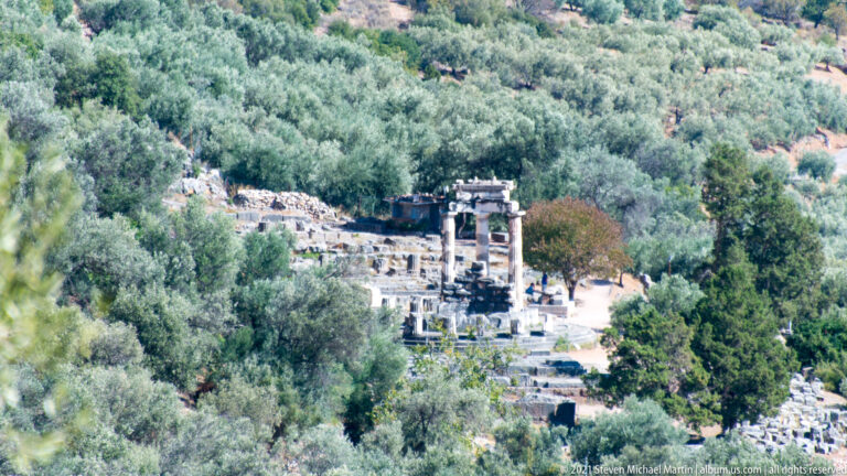 Distant view through olive trees toward standing columns and terraced ruins at the sanctuary of Delphi.