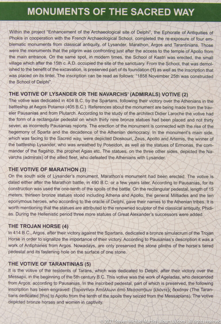 English information panel headed “Monuments of the Sacred Way” with descriptions of several ancient votive dedications.