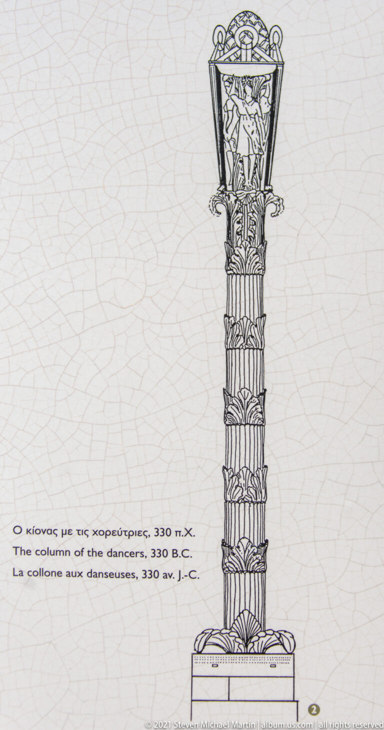 Reconstruction drawing of three intertwined serpent bodies rising as a tall victory monument on a circular base.