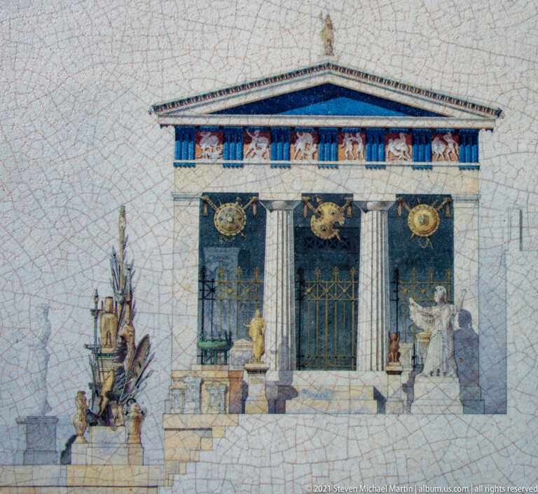 Color reconstruction of the Treasury of the Athenians with painted entablature, Doric columns, and dedications.