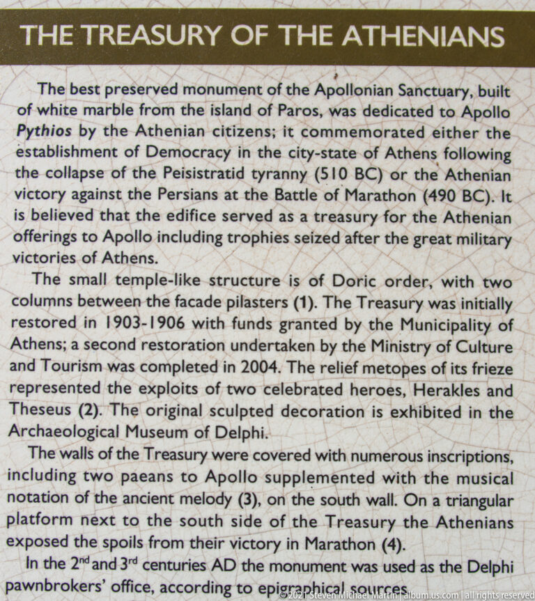 Interpretive panel headed “Treasury of the Athenians,” with text on its architecture, sculpture, and restoration.