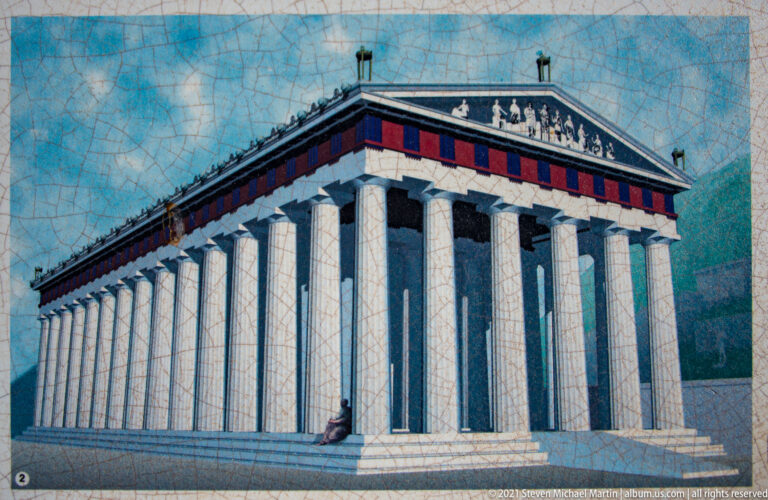 Color reconstruction of the Temple of Apollo with a full Doric colonnade, pediment, and painted roofline.