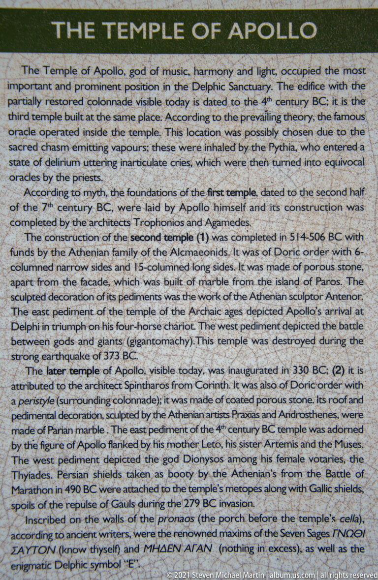 Interpretive panel headed “Temple of Apollo,” with dense text describing the temple’s history and architecture.