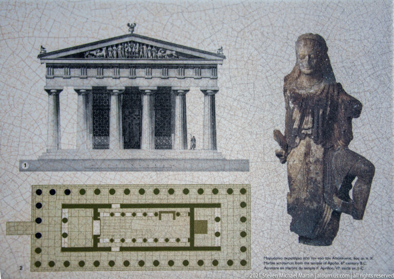 Interpretive graphic with Temple of Apollo elevation and plan beside an illustrated ancient sculptural figure.