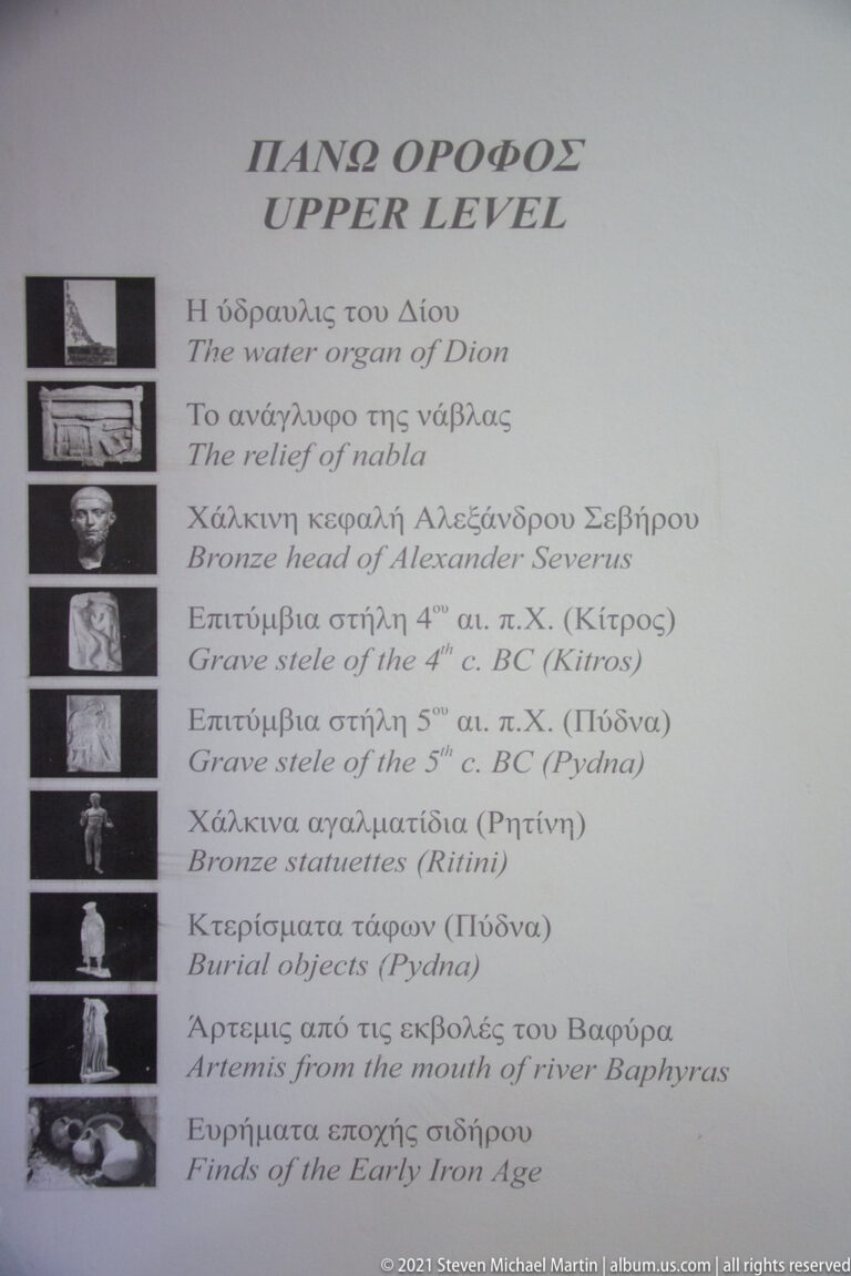 Upper Level museum guide with Greek-English labels, thumbnail photographs, and categories of archaeological objects.