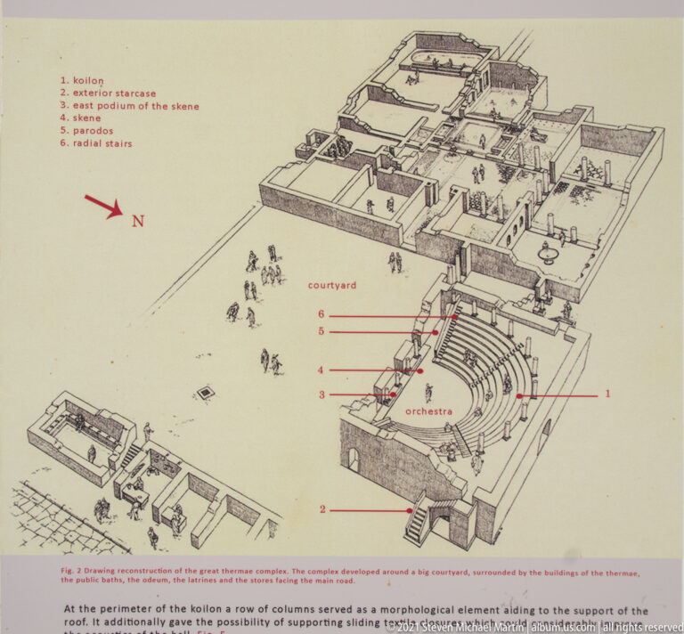 Axonometric reconstruction of the Great Thermae complex with the semicircular odeum projecting at the front.