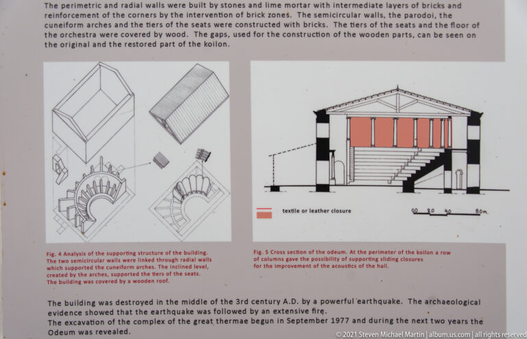 Structural diagrams and cross-section of the odeum showing seating supports, enclosing walls, roof, and reconstructed closure elements.
