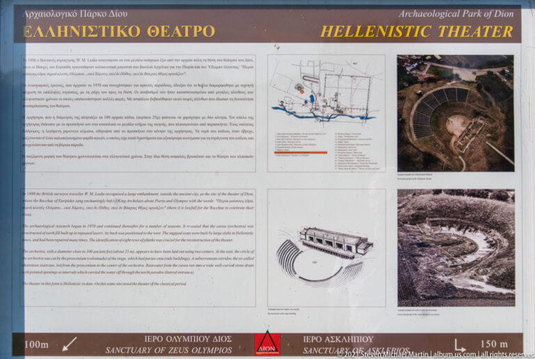 Hellenistic Theater information board with bilingual text, plans, aerial photograph, reconstruction drawings, and directional signs.