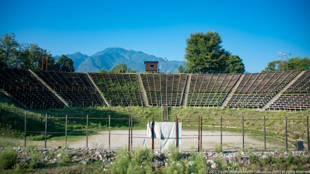 Reconstructed curved seating bowl of the Hellenistic Theater in the Archaeological Park of Dion.