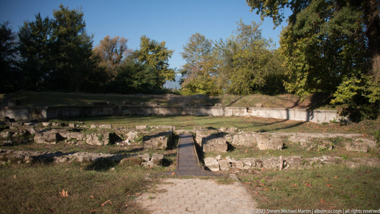 Low stone foundations and architectural blocks in the Sanctuary of Zeus Olympios at ancient Dion.