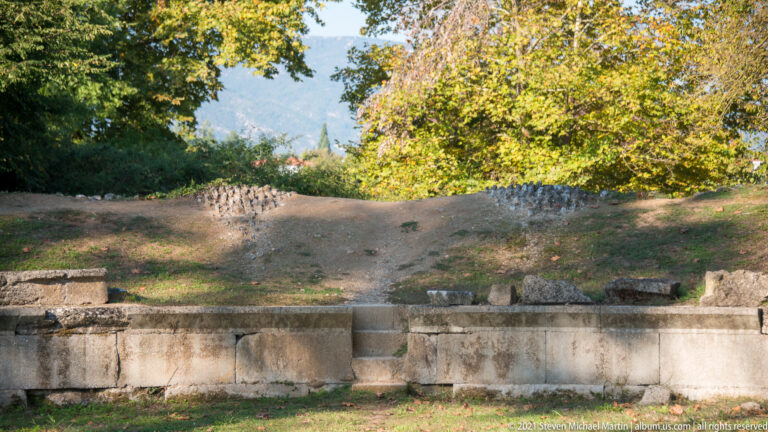 Large fitted ashlar blocks forming an architectural course within the Sanctuary of Zeus Olympios at Dion.