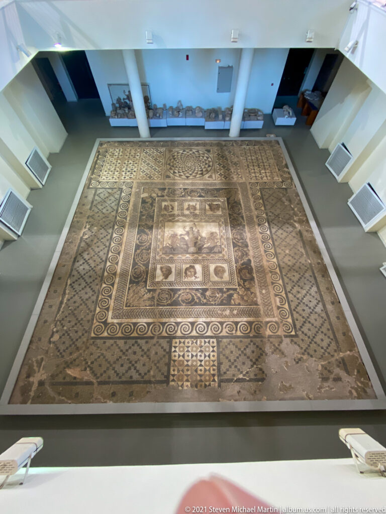 Purpose-built Archaeotheke gallery displaying the complete Mosaic of the Epiphany of Dionysus from the Villa of Dionysus.