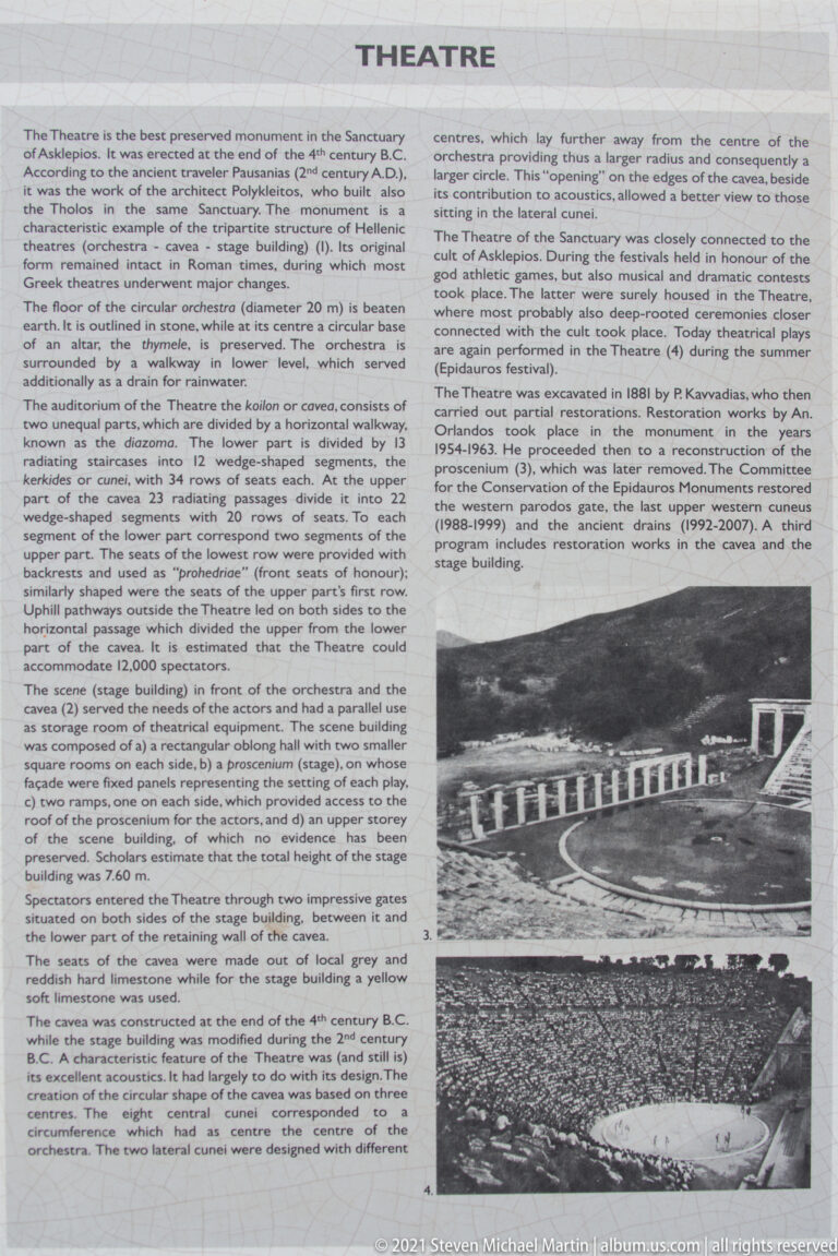 Interpretive sign titled “THEATRE” with long text columns and several black-and-white historical images.
