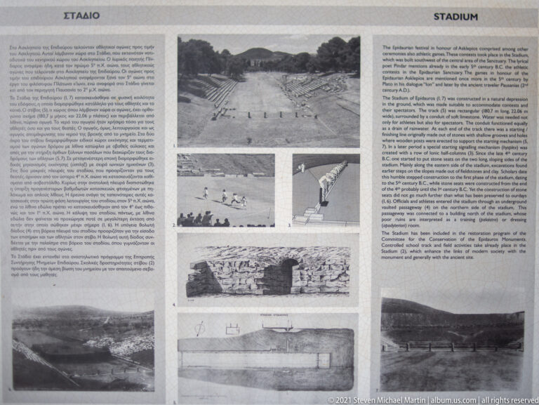 Interpretive sign titled “STADIUM” with text columns, plans, and several black-and-white documentary photographs.