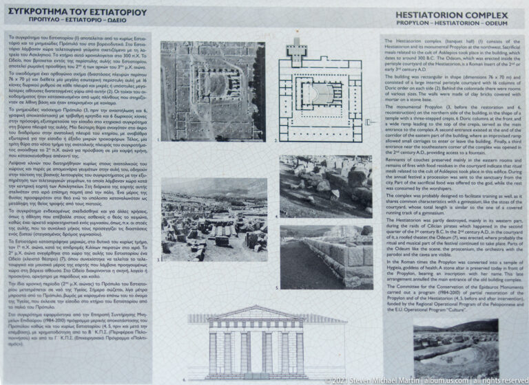 Hestiatorion Complex panel with site plan, excavation photographs, and a classical elevation drawing.