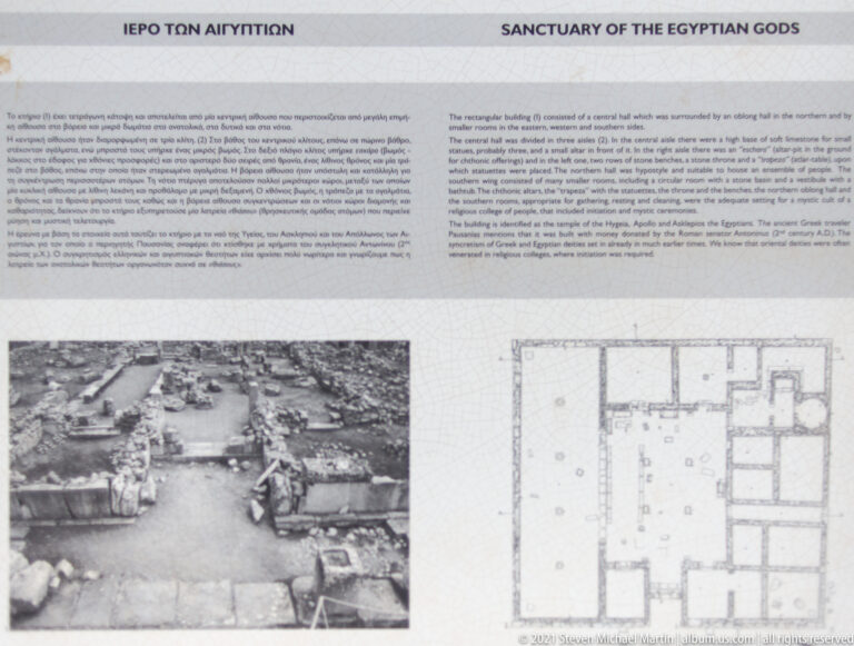 Sanctuary of the Egyptian Gods panel with explanatory text, excavation photograph, and rectangular floor plan.