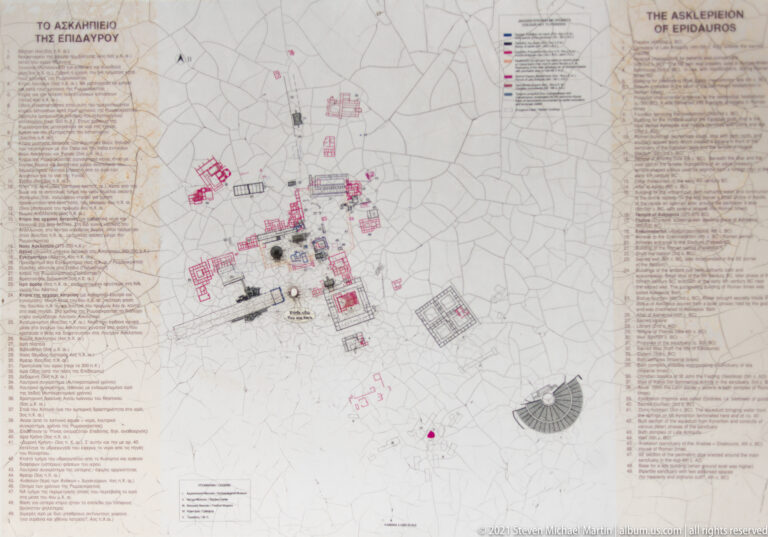 Site map titled “THE ASKLEPIEION OF EPIDAUROS” showing color-coded monuments, paths, labels, and the theatre plan.