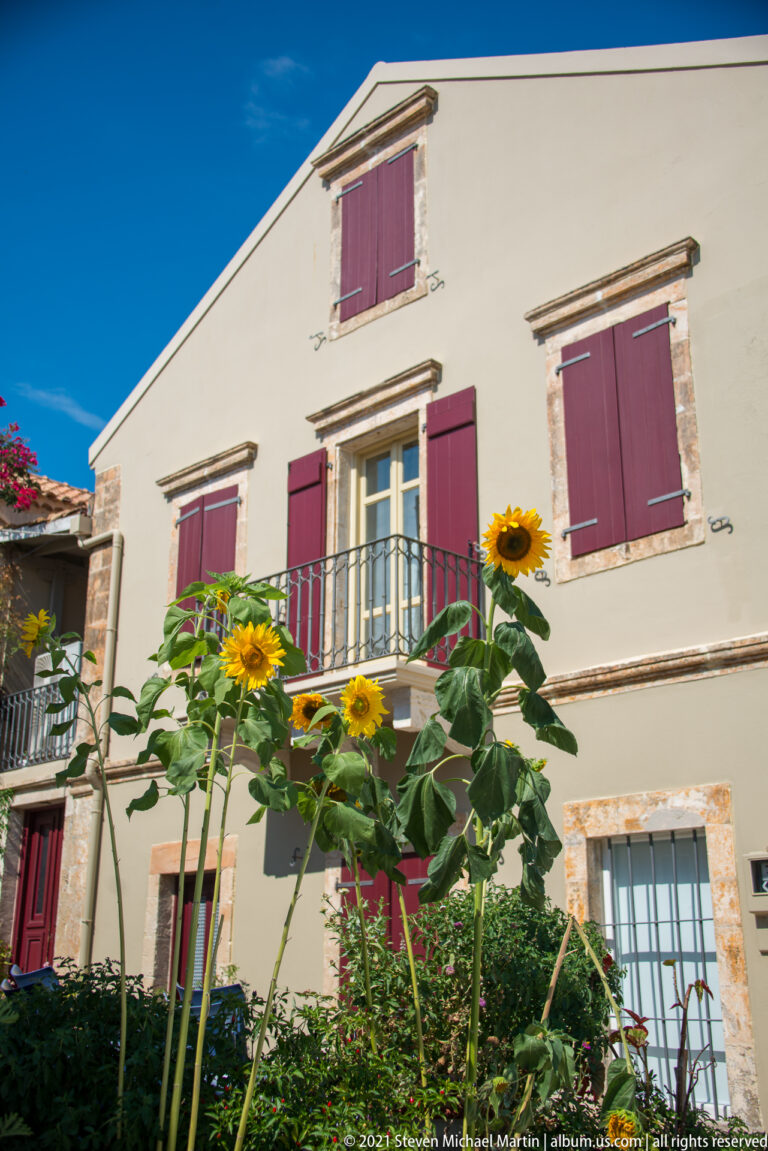 Pale two-story house with burgundy shutters, stone window trim, a small iron balcony, and tall flowers in front.