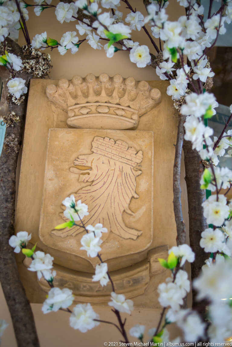 Weathered carved stone shield with a feather-like emblem and crown-shaped crest, partly framed by white blossoms.