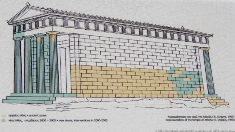 Colored elevation drawing reconstructs the Temple of Athena Lindia, distinguishing ancient masonry from modern restoration.