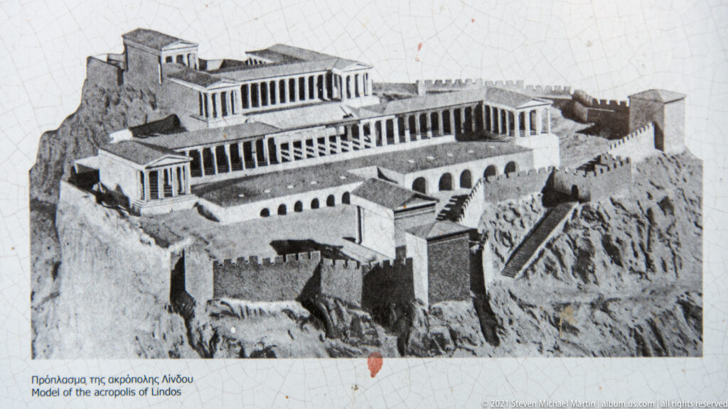 Reconstruction model of Lindos Acropolis showing terraces, colonnades, stairways and surrounding fortification walls.