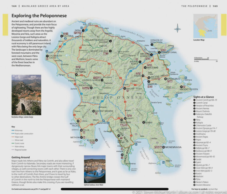 Tourism information panel with a large map of the Peloponnese, roads, towns, site symbols, text and inset photographs.