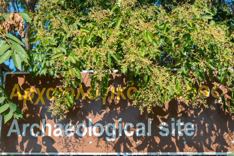 Brown Archaeological Site of Pella sign partly hidden behind dense green foliage.